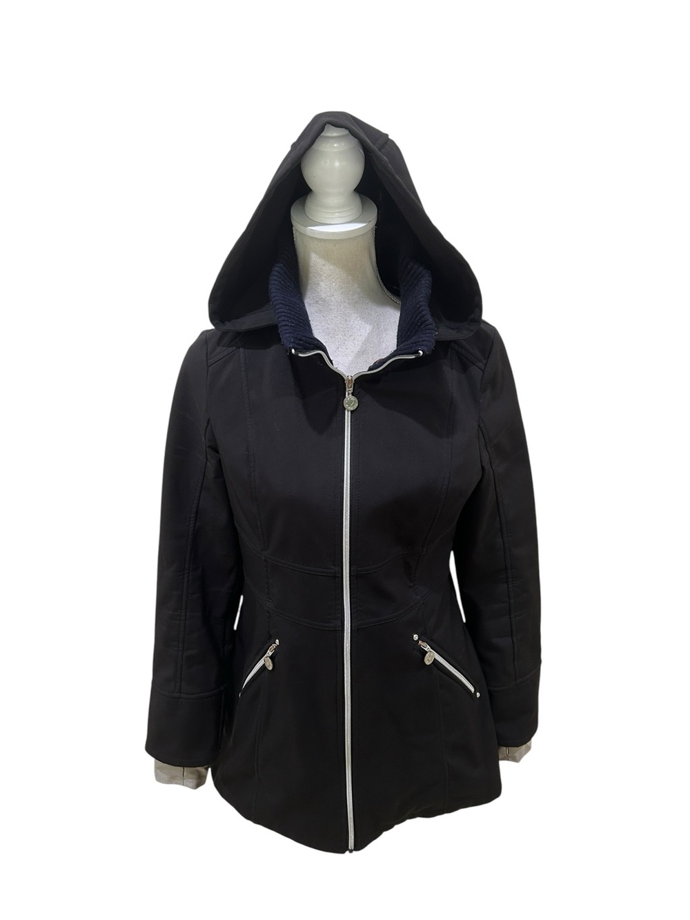 Betsey Johnson black zip up utility jacket detachable hood size small
